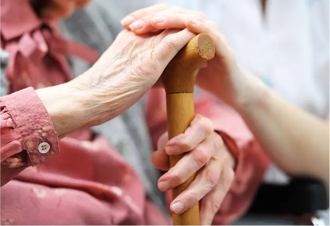 A person holding onto a wooden cane